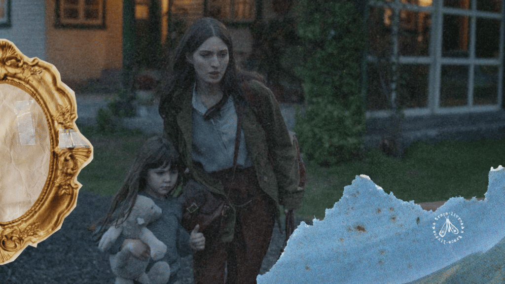 Mulher e criança, personagens de Distância de resgate de Samantha Schweblin, em fuga diante de uma casa, em cena inquietante que remete ao insólito literário na Literatura Latino Americana sob olhar feminino.