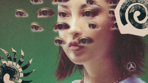 Rosto feminino com múltiplos olhos em composição surreal, representando o corpo como espaço do insólito literário na Literatura Latino Americana sob olhar feminino.