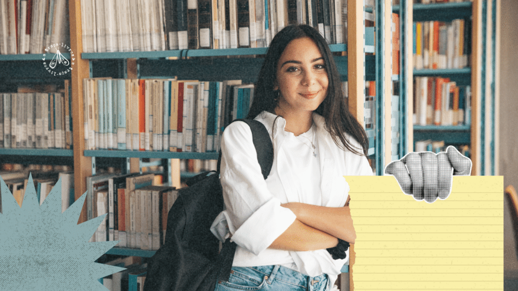 Aluna do ensino médio em uma biblioteca para pegar os livros da lista de leituras obrigatórias da FUVEST.