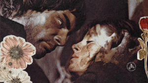 Close-up nos personagens de Heathcliff e Cathy na adaptação de Morro dos ventos uivantes de 1970.