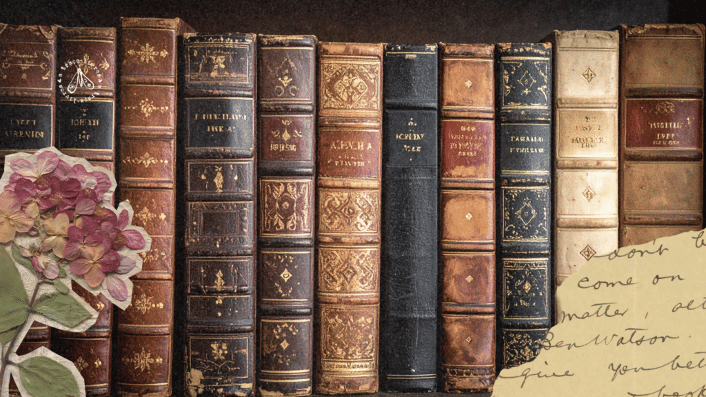 Livros clássicos numa estante. 