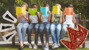 Crianças reunidas indicando como começar um clube de livro.