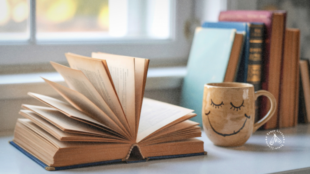 Livros e caneca feliz para comemorar o Dia Mundial do Livro. 