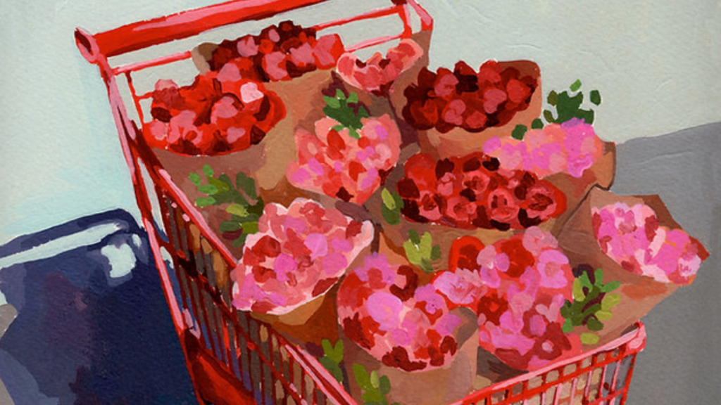 Close da arte Carrinho com flores, de Brunna Mancuso, artista da capa da edição brasileira de Água fresca para flores de Valérie Pérrin.