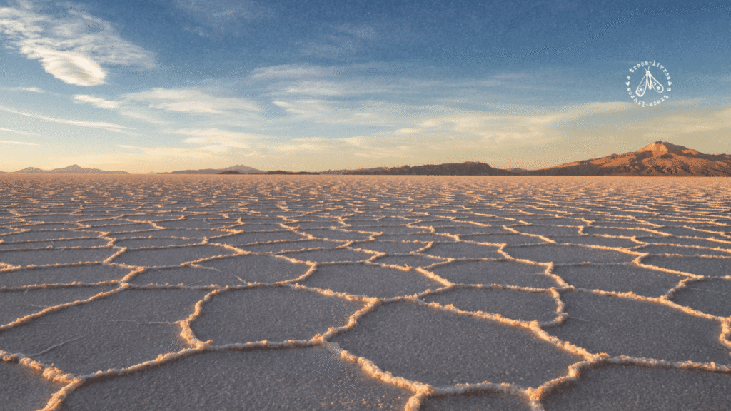 Foto de ângulo baixo do Salar de Uyuni com suas texturas poligonais rosa-claras sob um céu gradiente azul e rosa, evocando a vastidão austera do gótico andino.