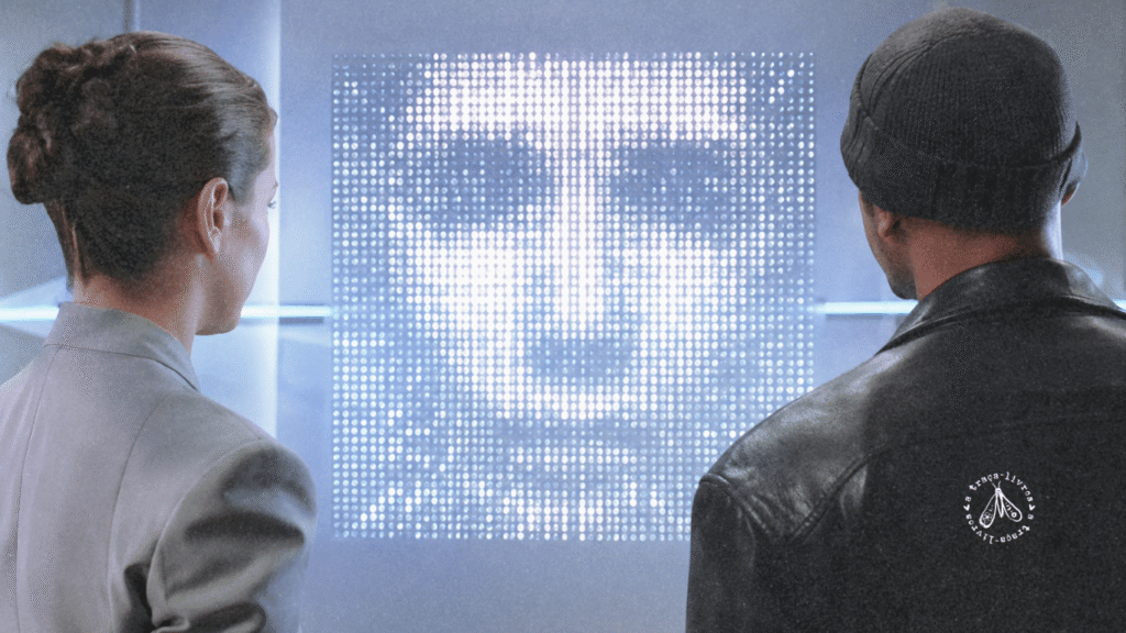Homem e mulher observam face digital em pixels, ilustrando a lógica da inteligência artificial presente no romance fix-up Eu, Robô, de Isaac Asimov.